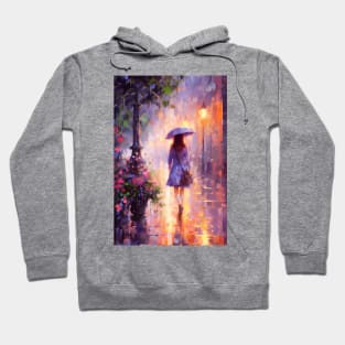 A woman with an umbrella walks along the evening street in the rain. Hoodie